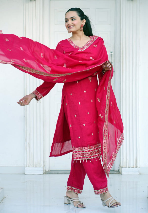 Teeya Creation Rani Color Vichitra Silk Heavy Embroidery Work Fully Stitched Salwar Suit - Distacart