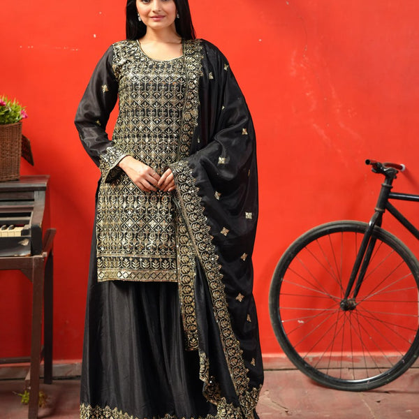 Teeya Creation Black Color Chinnon Silk Heavy Embroidery Work Fully Stitched Sharara Suit - Distacart