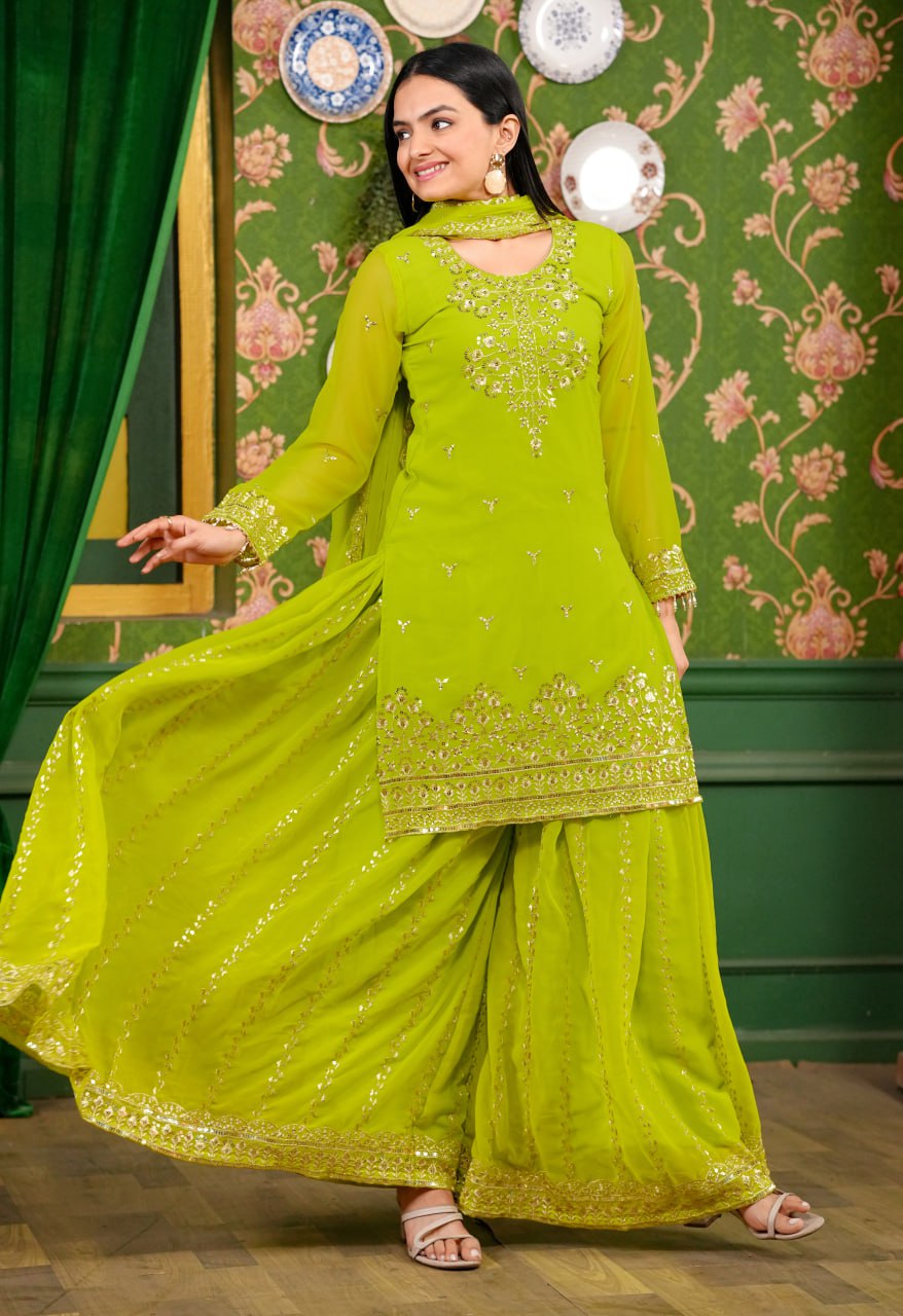 Teeya Creation Olive Color Georgette Heavy Embroidery Work Fully Stitched Sharara Suit - Distacart