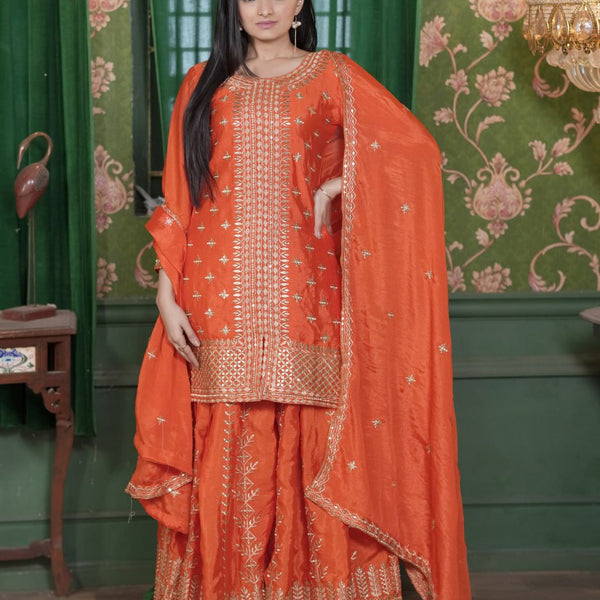 Teeya Creation Orange Color Chinnon Silk Heavy Embroidery Work Fully Stitched Sharara Suit - Distacart