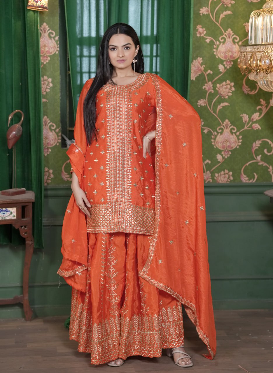 Teeya Creation Orange Color Chinnon Silk Heavy Embroidery Work Fully Stitched Sharara Suit - Distacart