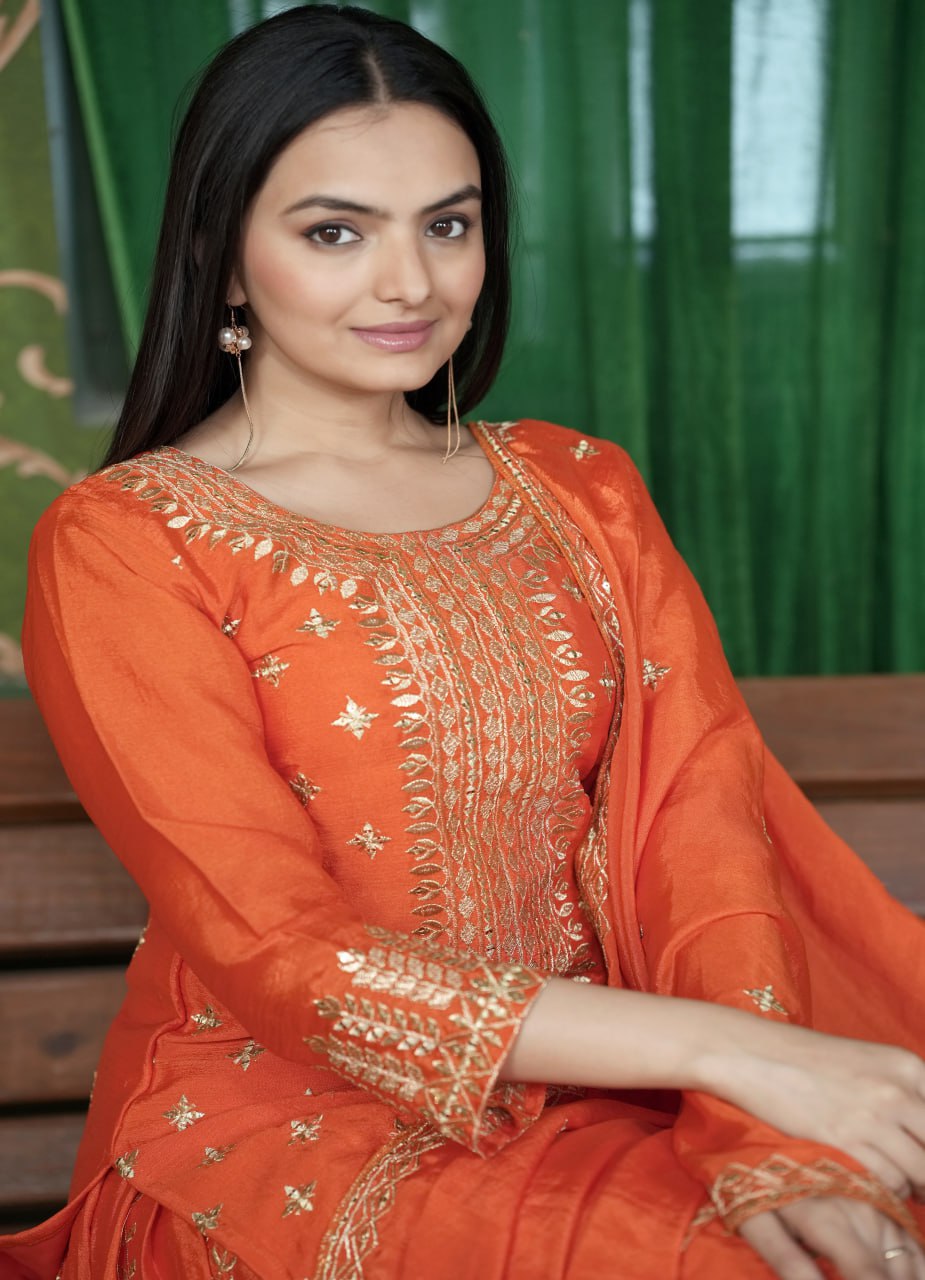 Teeya Creation Orange Color Chinnon Silk Heavy Embroidery Work Fully Stitched Sharara Suit - Distacart