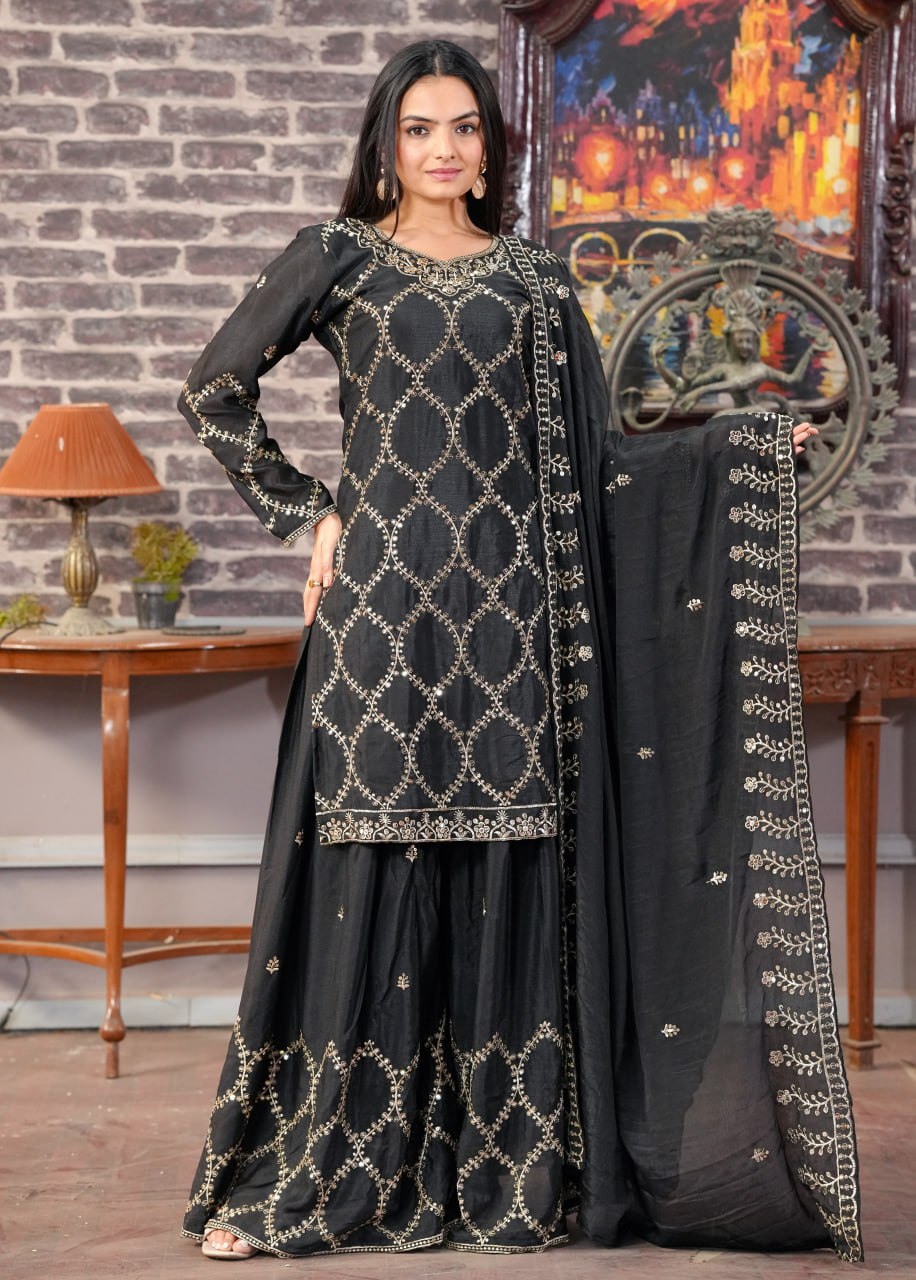Teeya Creation Black Color Chinnon Silk Heavy Embroidery Work Fully Stitched Sharara Suit - Distacart