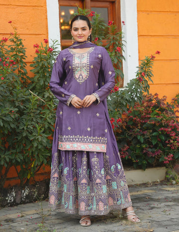 Teeya Creation Dark Lavender Color Chinnon Silk Heavy Embroidery Work Fully Stitched Sharara Suit - Distacart