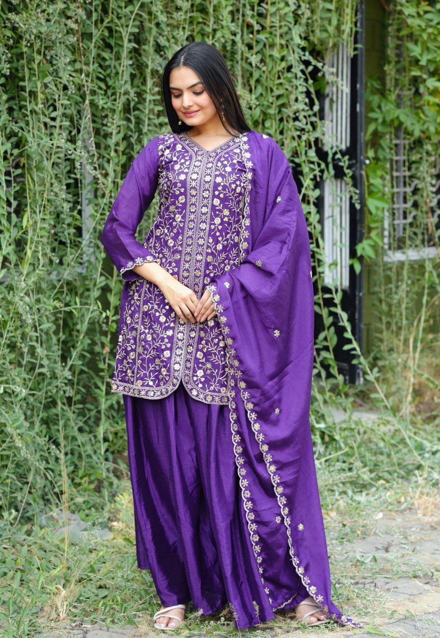 Teeya Creation Purple Color Chinnon Silk Heavy Embroidery Work Fully Stitched Sharara Suit - Distacart