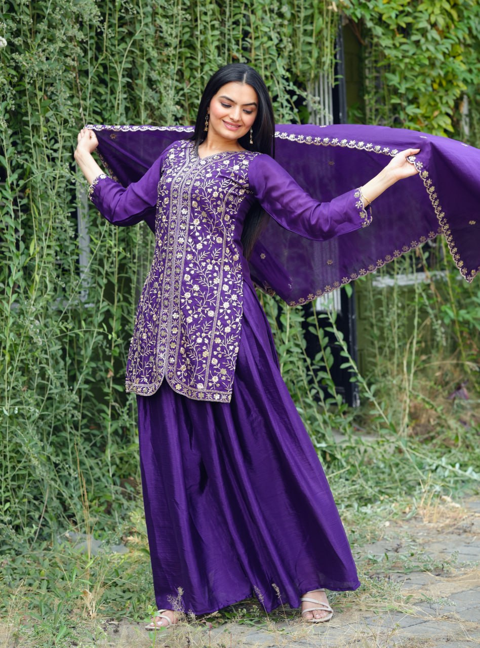 Teeya Creation Purple Color Chinnon Silk Heavy Embroidery Work Fully Stitched Sharara Suit - Distacart