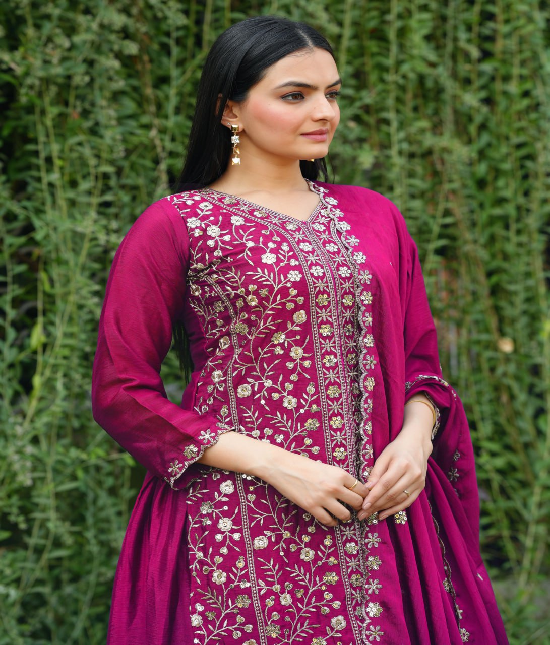Teeya Creation Rani Color Chinnon Silk Heavy Embroidery Work Fully Stitched Sharara Suit - Distacart