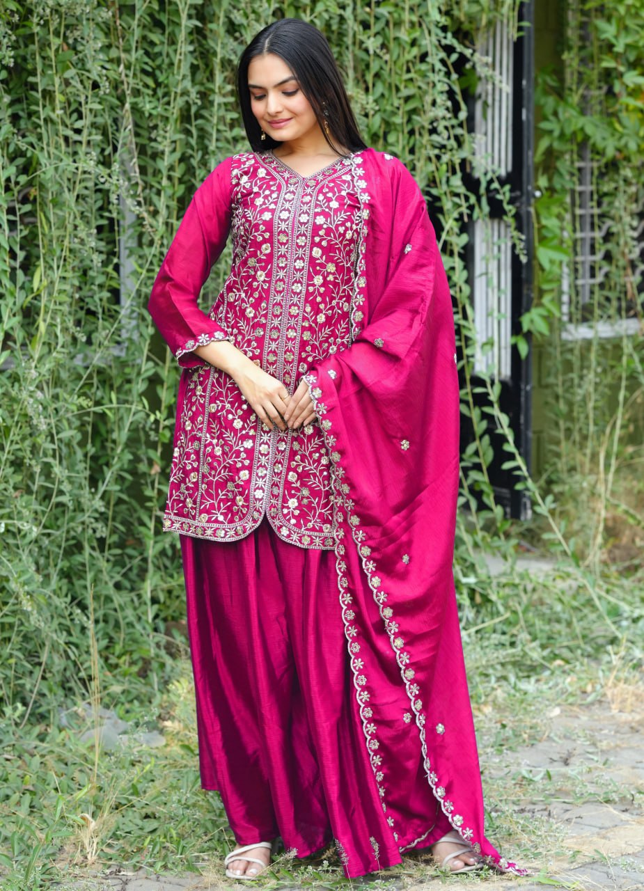 Teeya Creation Rani Color Chinnon Silk Heavy Embroidery Work Fully Stitched Sharara Suit - Distacart