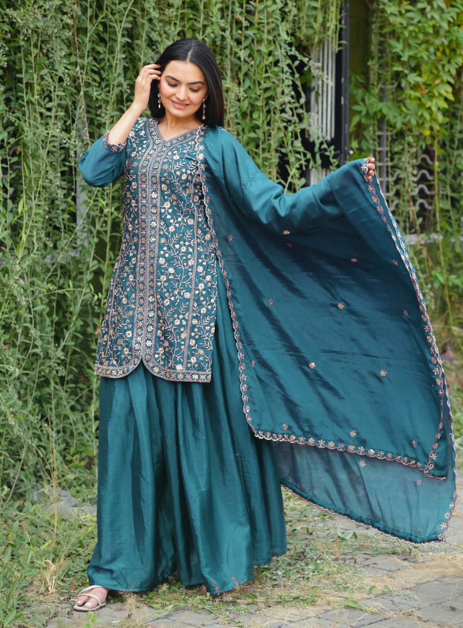 Prazu Fashion Morpich Chinon Silk Embroidered Sharara Suit