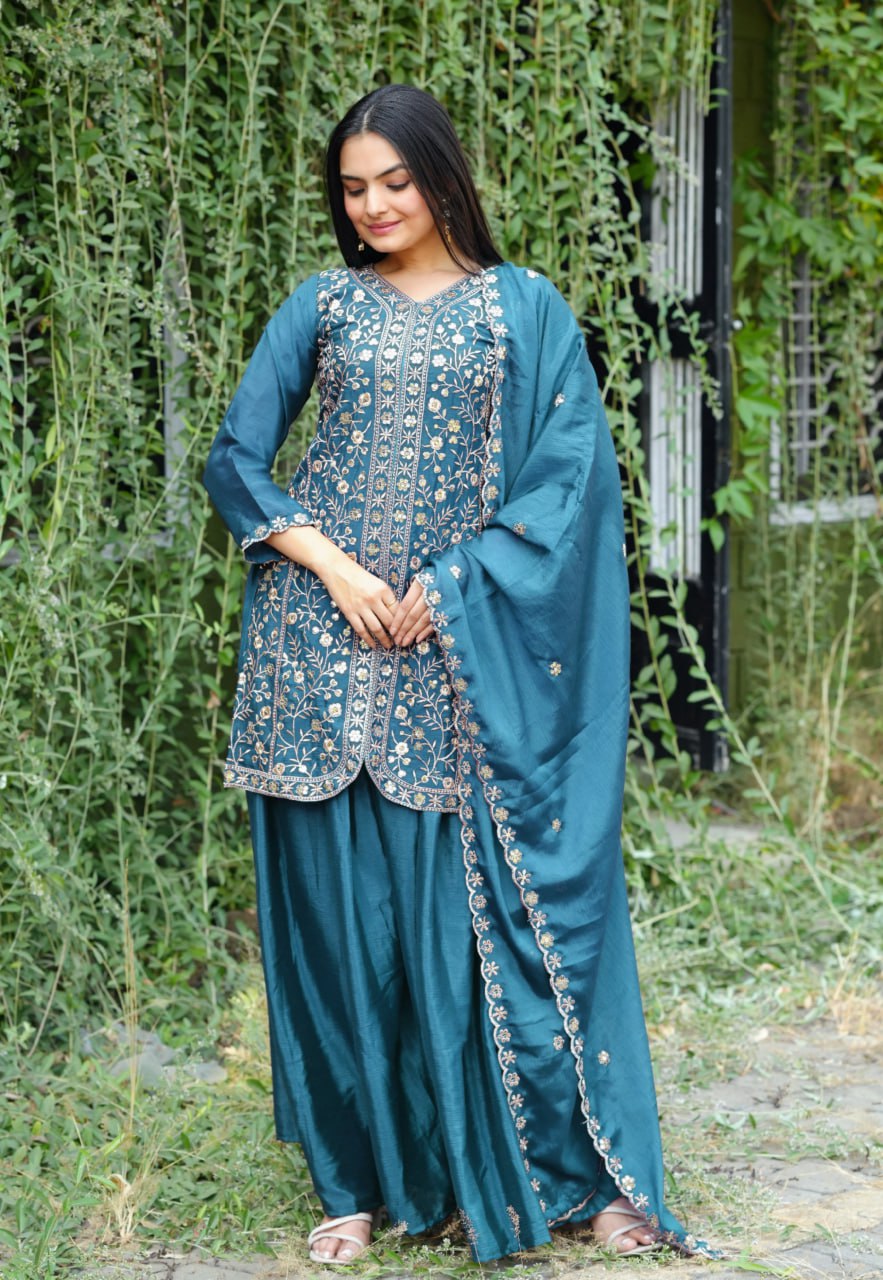 Prazu Fashion Morpich Chinon Silk Embroidered Sharara Suit