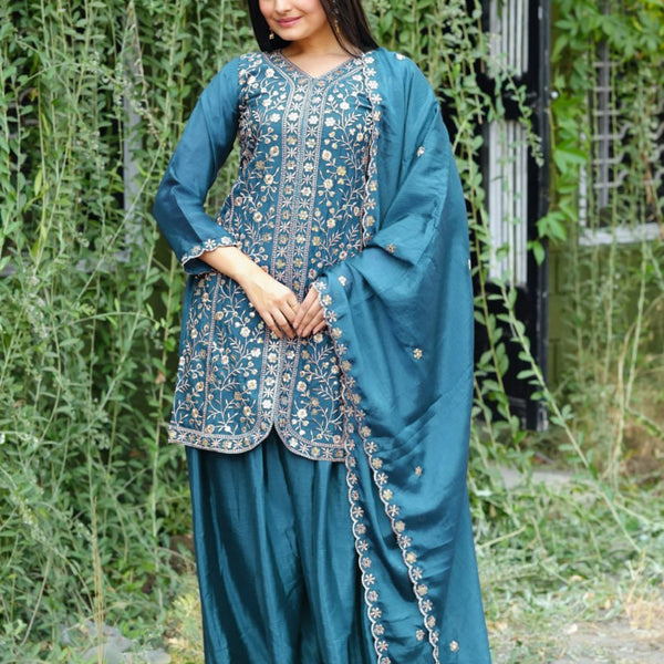 Prazu Fashion Morpich Chinon Silk Embroidered Sharara Suit