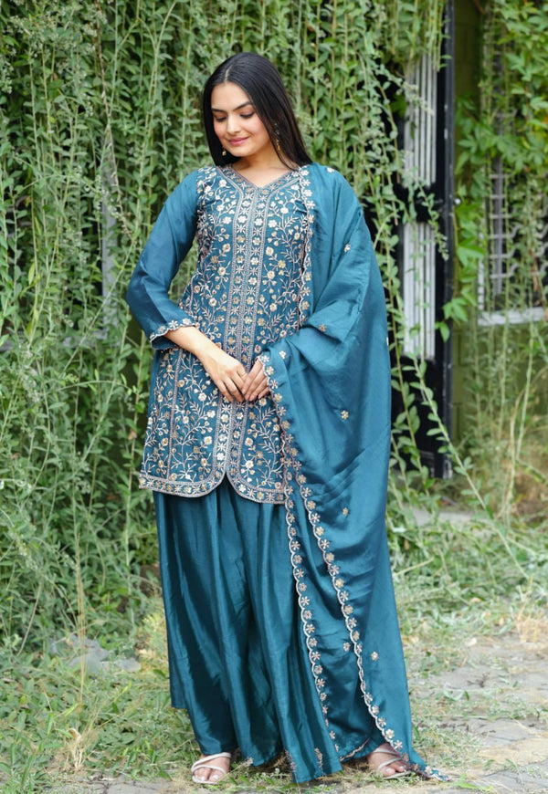 Prazu Fashion Morpich Chinon Silk Embroidered Sharara Suit