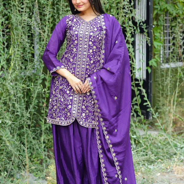 Prazu Fashion Violet Chinon Silk Sequence Embroidered Sharara Suit