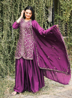 Thumbnail for Prazu Fashion Wine Chinon Silk Embroidered Sharara Suit