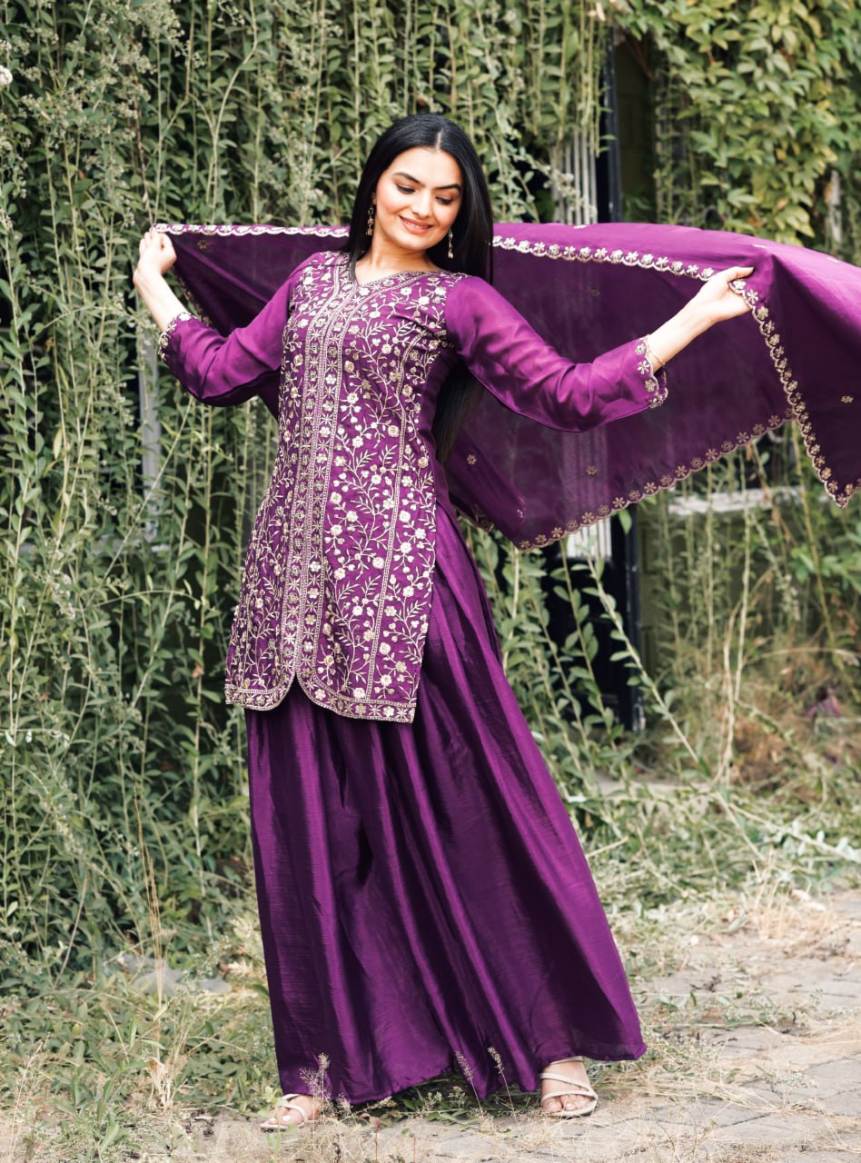 Prazu Fashion Wine Chinon Silk Embroidered Sharara Suit