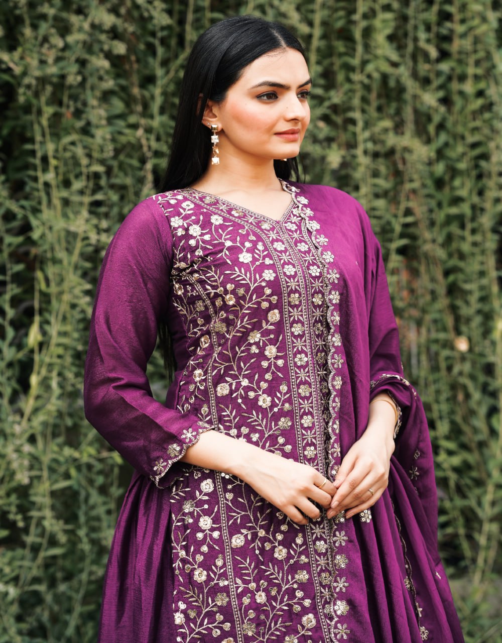 Prazu Fashion Wine Chinon Silk Embroidered Sharara Suit