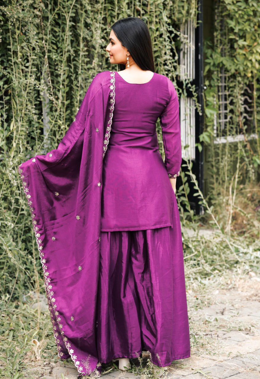 Prazu Fashion Wine Chinon Silk Embroidered Sharara Suit