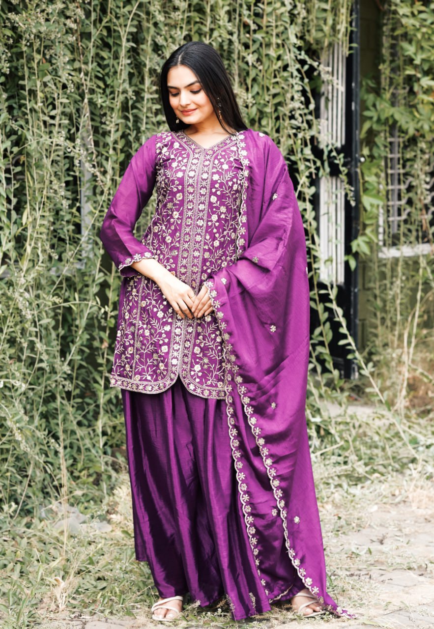Prazu Fashion Wine Chinon Silk Embroidered Sharara Suit