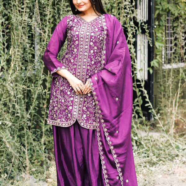 Prazu Fashion Wine Chinon Silk Embroidered Sharara Suit