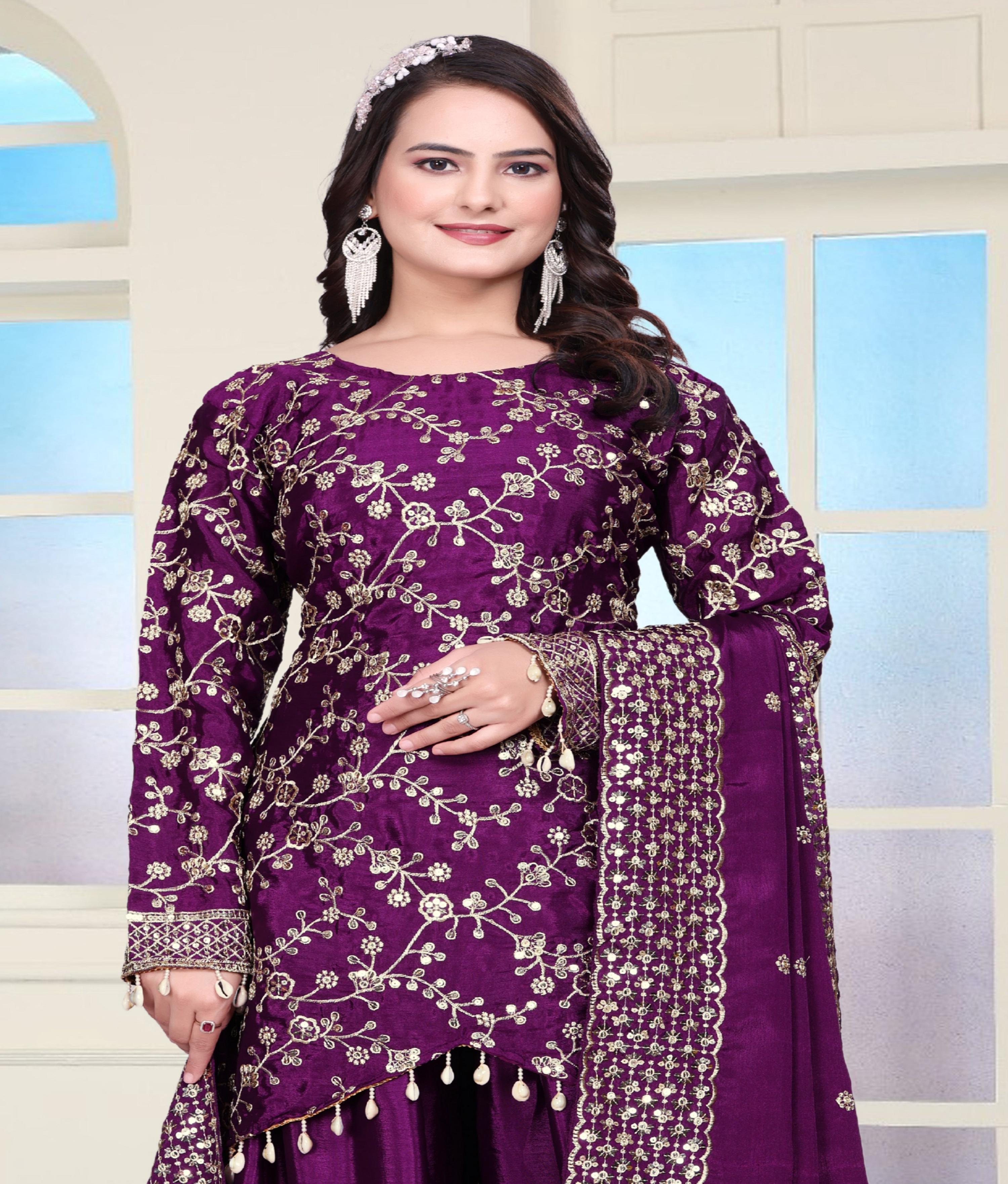 Teeya Creation Wine Color Chinnon Silk Heavy Embroidery Work Fully Stitched Sharara Suit - Distacart