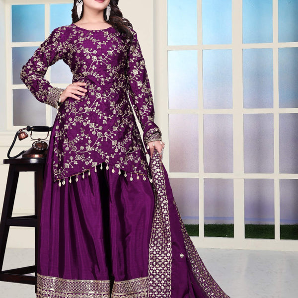 Teeya Creation Wine Color Chinnon Silk Heavy Embroidery Work Fully Stitched Sharara Suit - Distacart