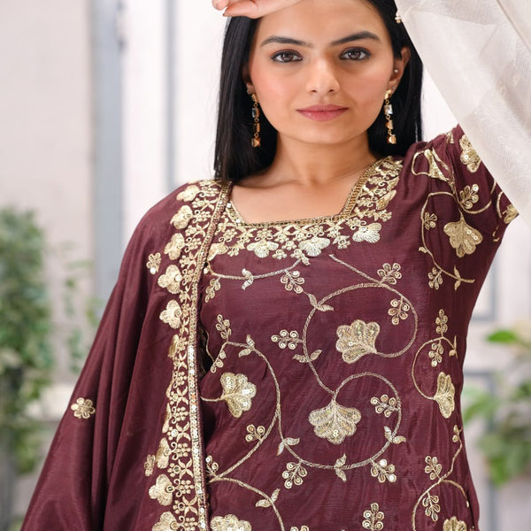 Teeya Creation Maroon Color Chinnon Silk Embroidery Work Fully Stitched Salwar Suit - Distacart