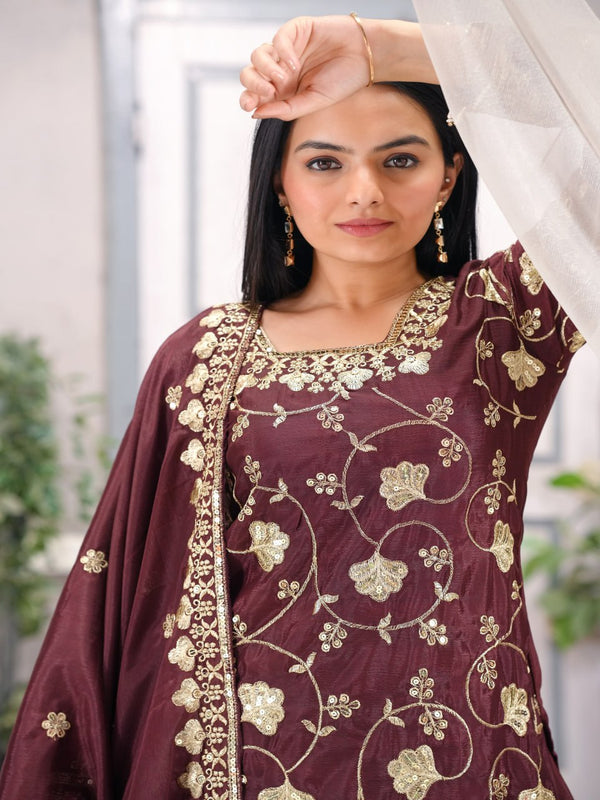 Teeya Creation Maroon Color Chinnon Silk Embroidery Work Fully Stitched Salwar Suit - Distacart