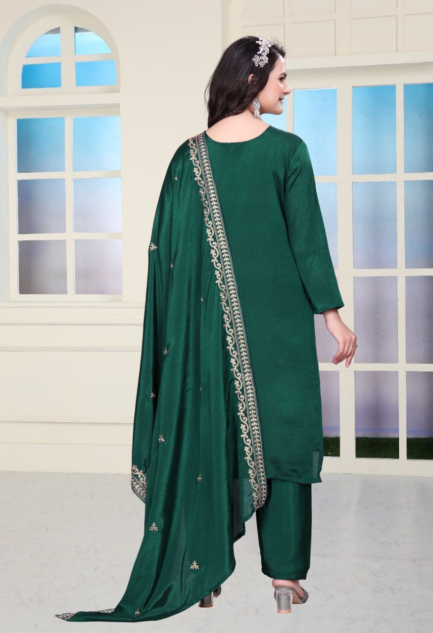 Teeya Creation Green Color Chinnon Silk Embroidery Work Fully Stitched Salwar Suit - Distacart