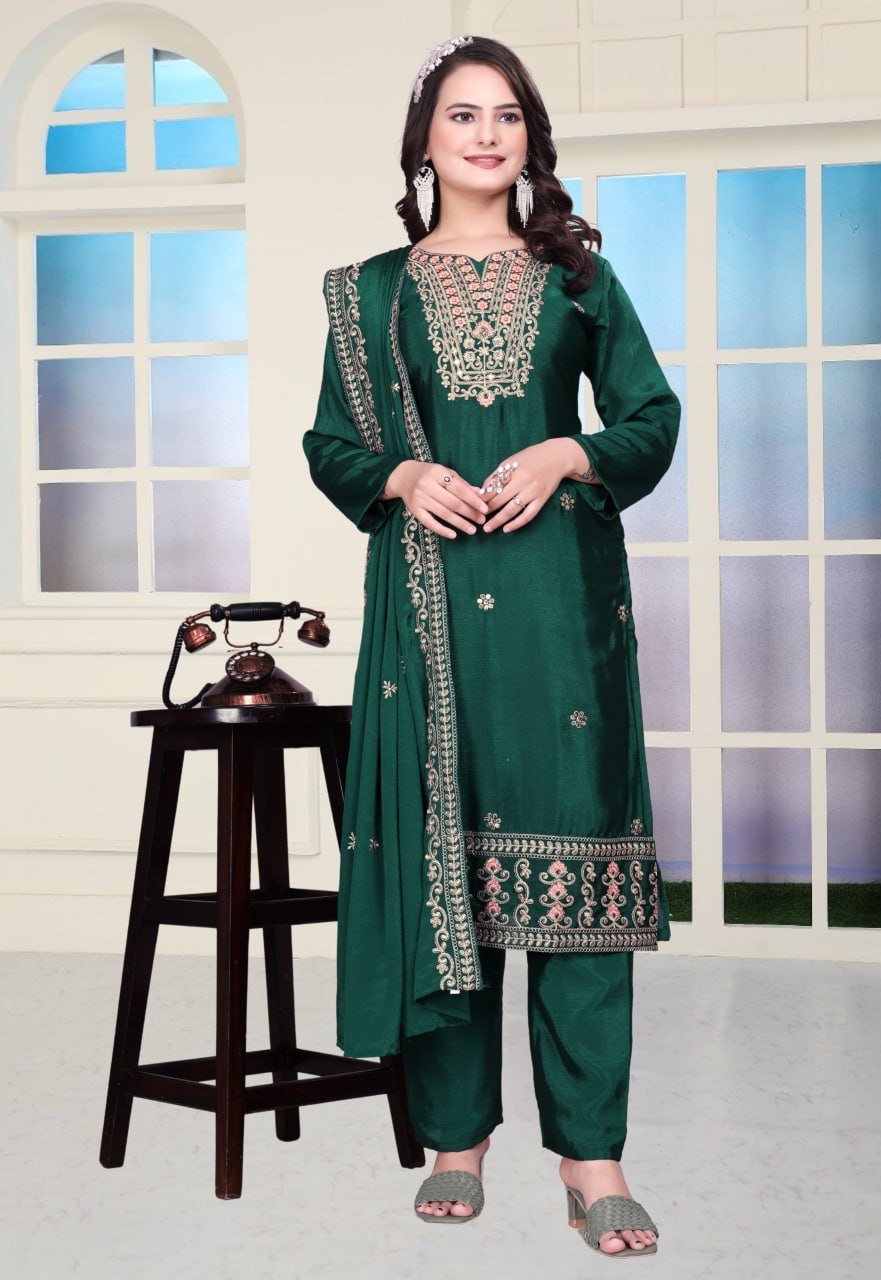 Teeya Creation Green Color Chinnon Silk Embroidery Work Fully Stitched Salwar Suit - Distacart