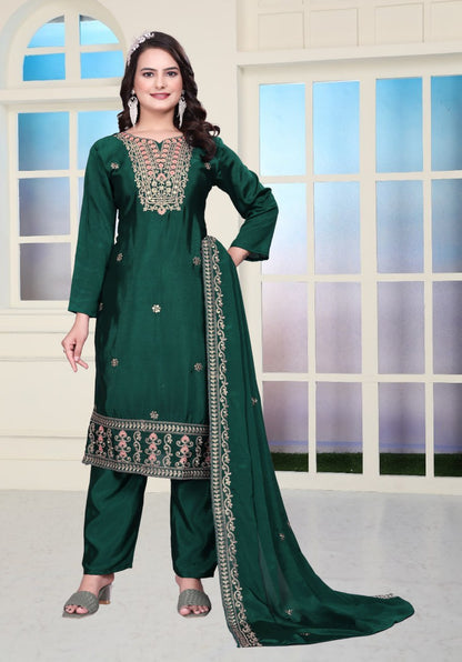 Teeya Creation Green Color Chinnon Silk Embroidery Work Fully Stitched Salwar Suit - Distacart