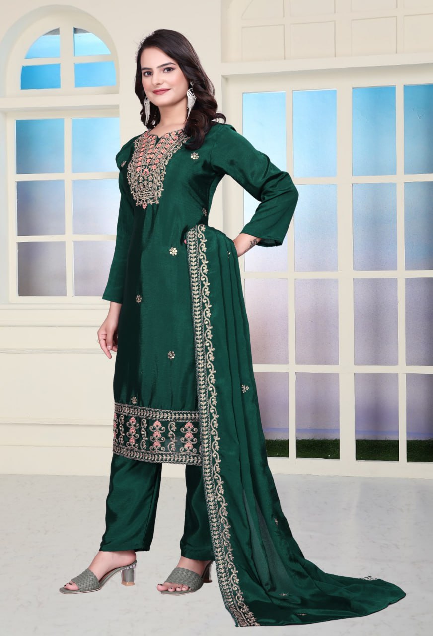 Teeya Creation Green Color Chinnon Silk Embroidery Work Fully Stitched Salwar Suit - Distacart