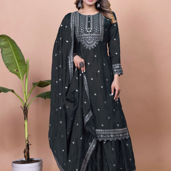 Teeya Creation Black Color Chinnon Silk Embroidery Work Fully Stitched Salwar Suit - Distacart