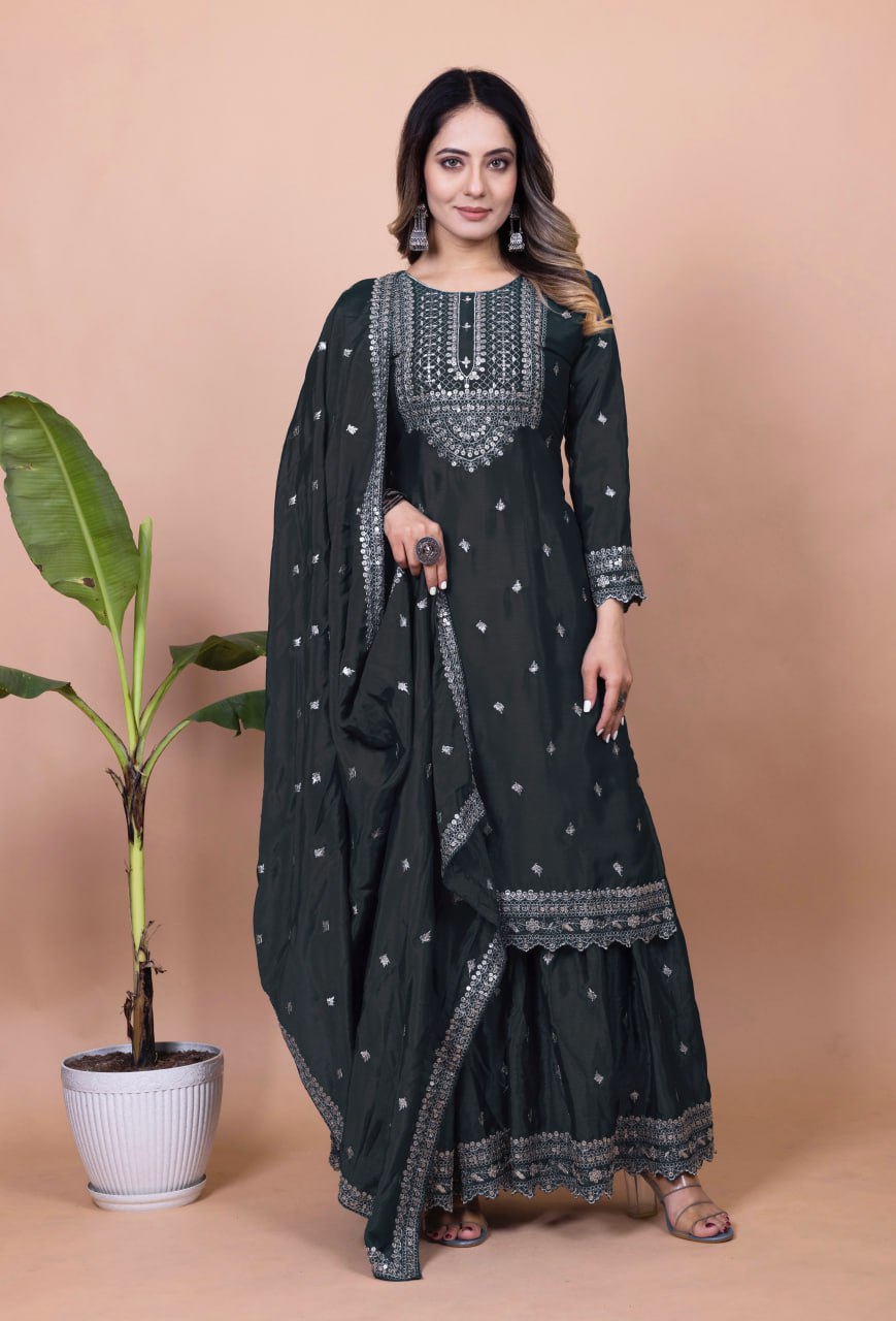 Teeya Creation Black Color Chinnon Silk Embroidery Work Fully Stitched Salwar Suit - Distacart
