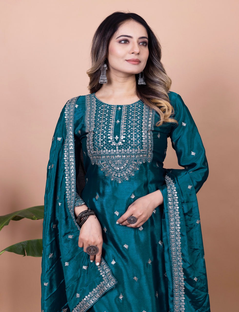 Teeya Creation More Peach Color Chinnon Silk Embroidery Work Fully Stitched Salwar Suit - Distacart