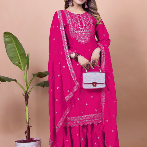 Teeya Creation Rani Color Chinnon Silk Embroidery Work Fully Stitched Salwar Suit - Distacart