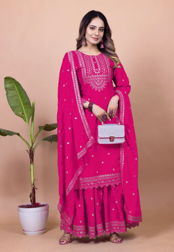 Teeya Creation Rani Color Chinnon Silk Embroidery Work Fully Stitched Salwar Suit - Distacart