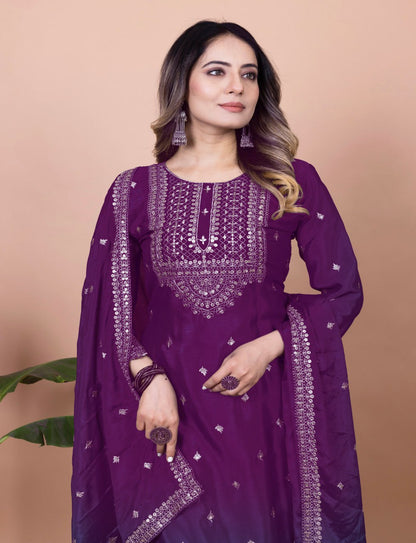 Teeya Creation Wine Color Chinnon Silk Embroidery Work Fully Stitched Salwar Suit - Distacart