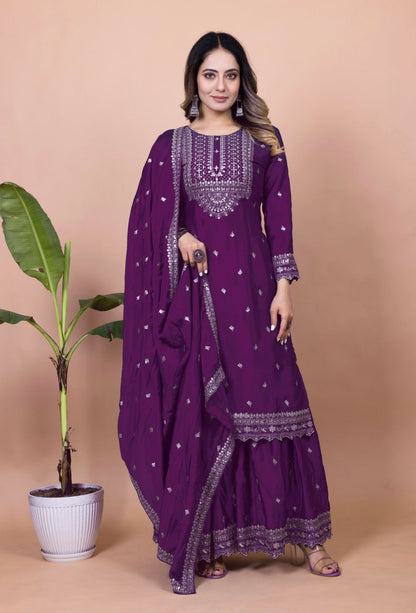 Teeya Creation Wine Color Chinnon Silk Embroidery Work Fully Stitched Salwar Suit - Distacart
