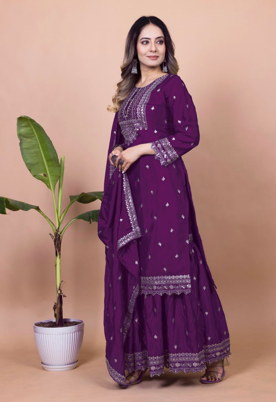 Teeya Creation Wine Color Chinnon Silk Embroidery Work Fully Stitched Salwar Suit - Distacart