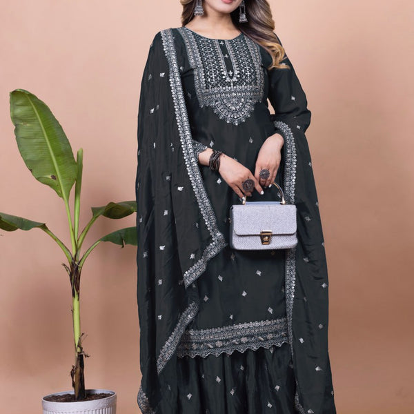 Prazu Fashion Black Chinon Silk Sequence Embroidered Sharara Suit