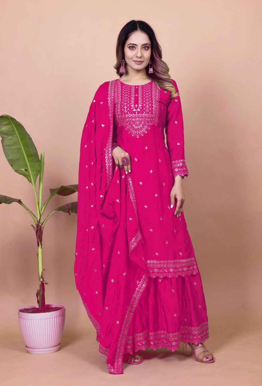 Prazu Fashion Pink Chinon Silk Sequence Embroidered Sharara Suit