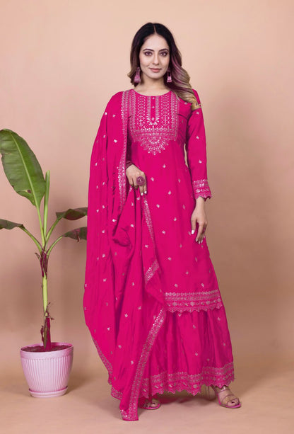 Prazu Fashion Pink Chinon Silk Sequence Embroidered Sharara Suit - Distacart
