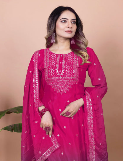 Prazu Fashion Pink Chinon Silk Sequence Embroidered Sharara Suit - Distacart