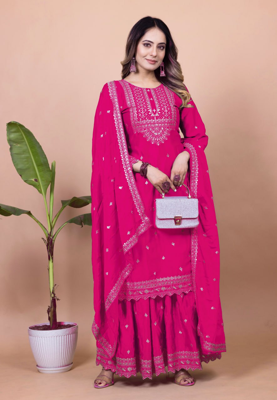Prazu Fashion Pink Chinon Silk Sequence Embroidered Sharara Suit - Distacart