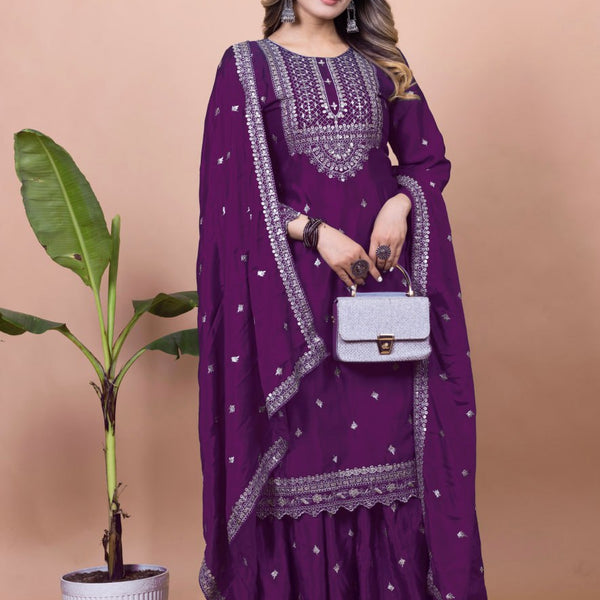 Prazu Fashion Purple Chinon Silk Sequence Embroidered Sharara Suit
