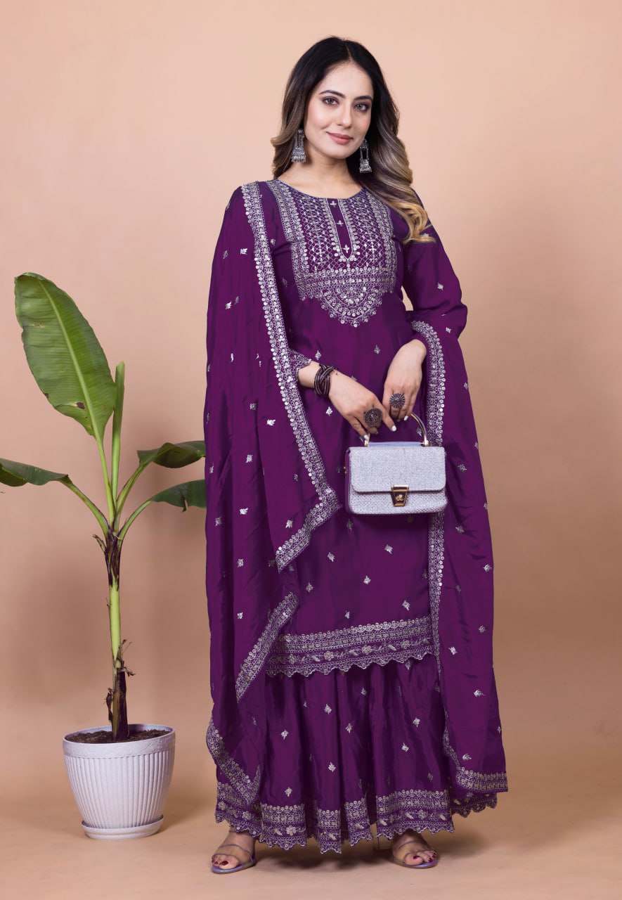 Prazu Fashion Purple Chinon Silk Sequence Embroidered Sharara Suit - Distacart