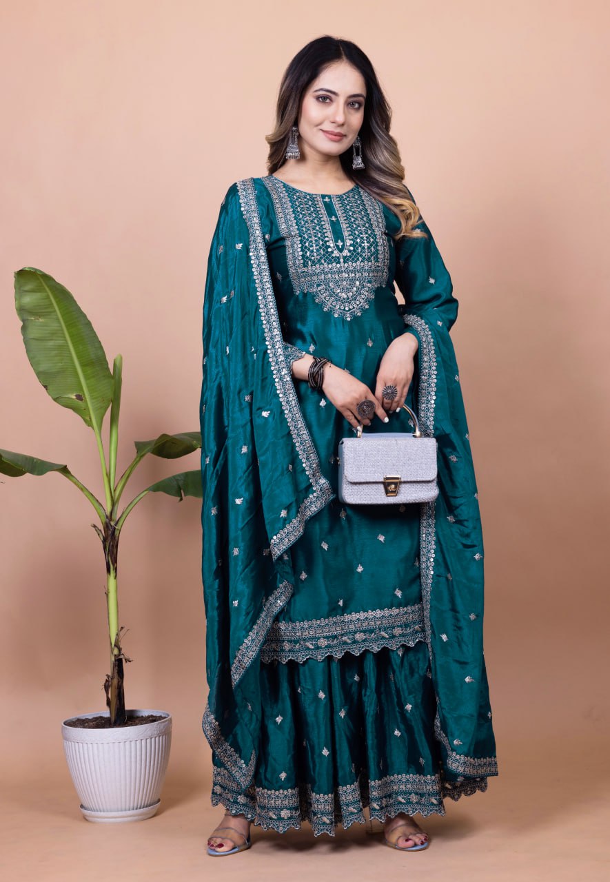 Prazu Fashion Rama Chinon Silk Sequence Embroidered Sharara Suit - Distacart
