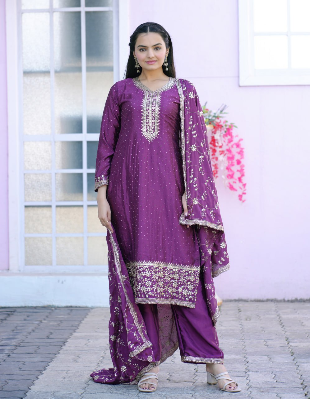 Teeya Creation Wine Color Chinnon Silk Embroidery Work Fully Stitched Salwar Suit - Distacart