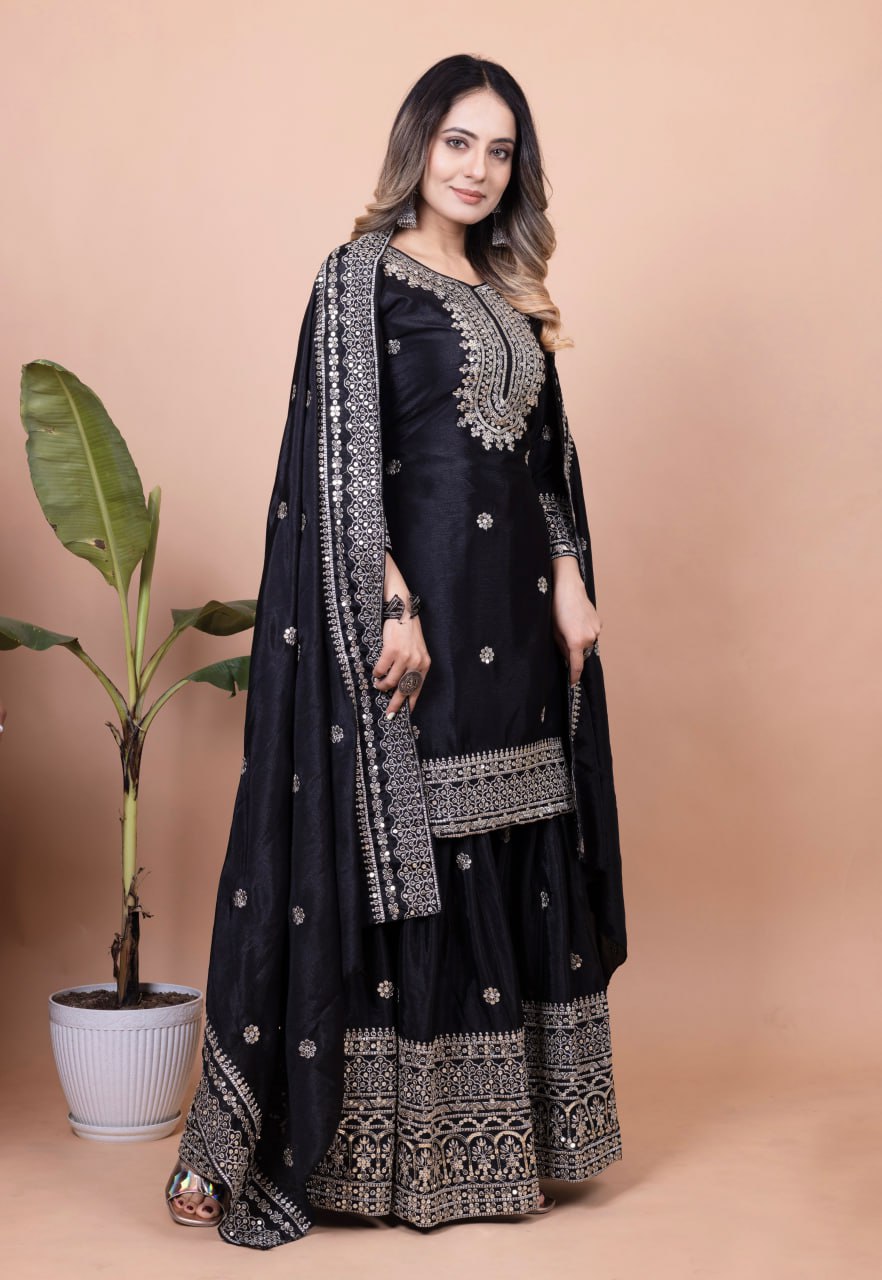 Teeya Creation Black Color Chinnon Silk Embroidery Work Fully Stitched Salwar Suit - Distacart