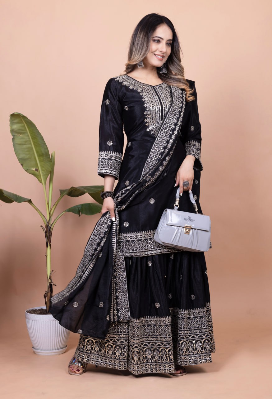 Teeya Creation Black Color Chinnon Silk Embroidery Work Fully Stitched Salwar Suit - Distacart